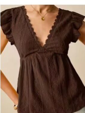 Brown V-Neck Flutter Sleeve Women's Top